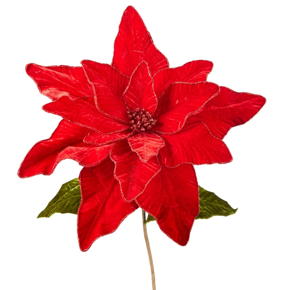 32-inch red velvet poinsettia stem with an 18-inch polyester bloom.