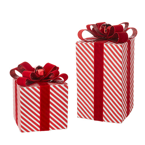 Foam polyester striped ornament with a classic spherical shape.