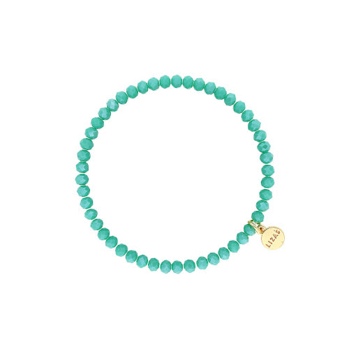 Stretchy bracelet with faceted glass beads in colorful patterns.