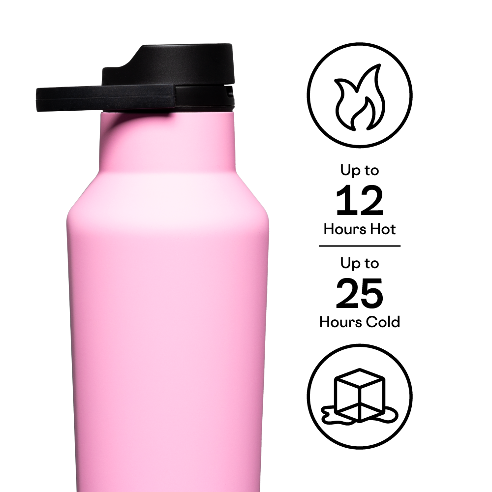 Pink 32oz Sport Canteen with black cap, showing 12 hours hot and 25 hours cold insulation icons.