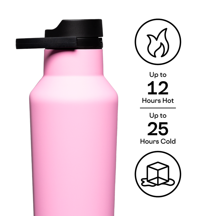 Pink 32oz Sport Canteen with black cap, showing 12 hours hot and 25 hours cold insulation icons.
