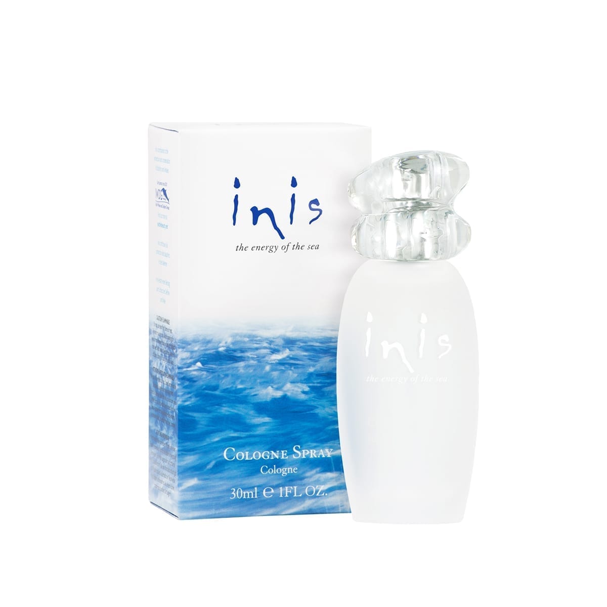 Frosted glass bottle of Inis Cologne Spray with a pebble-style cap.