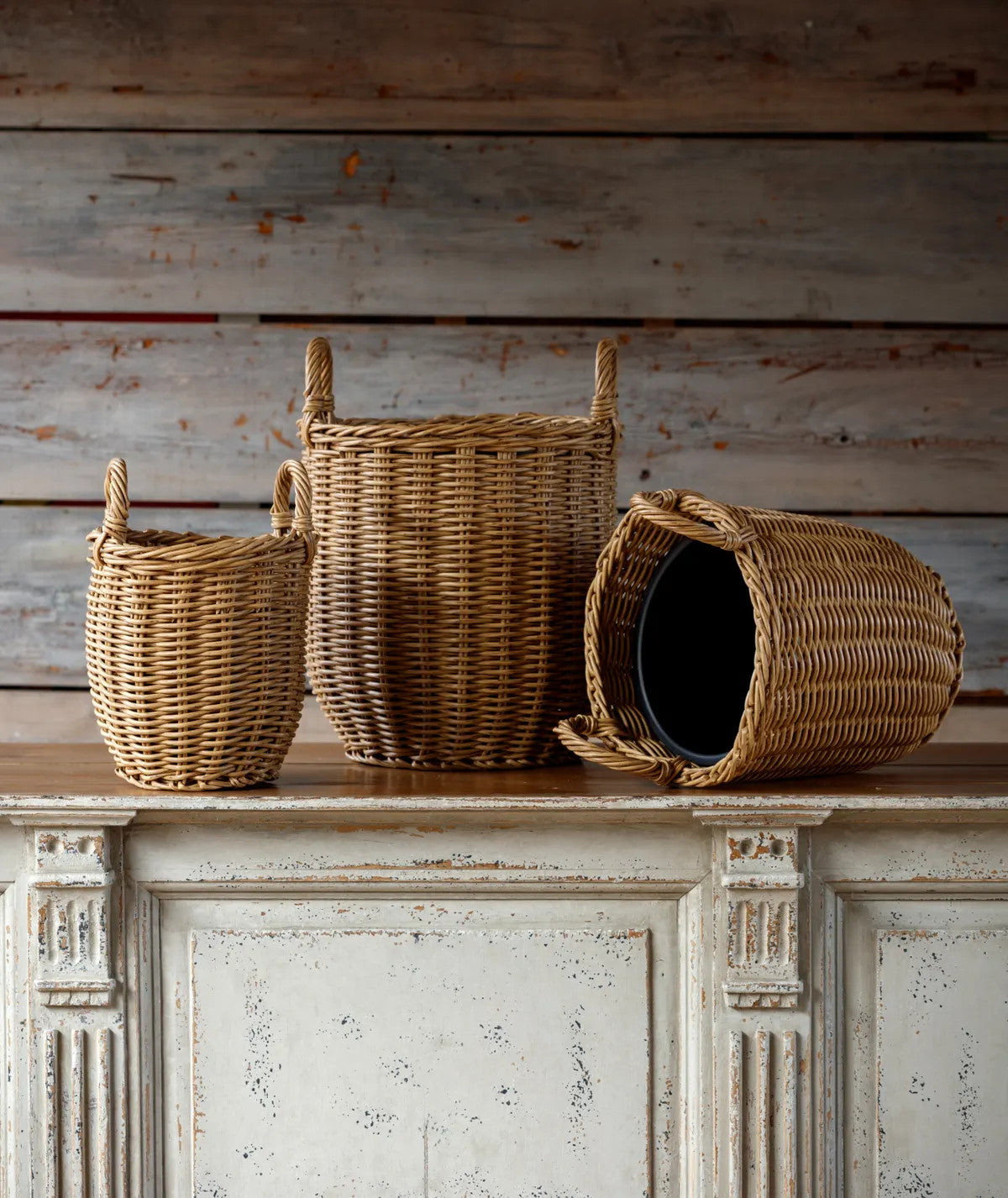 Poly weave plant basket in natural tan with a rectangular silhouette.