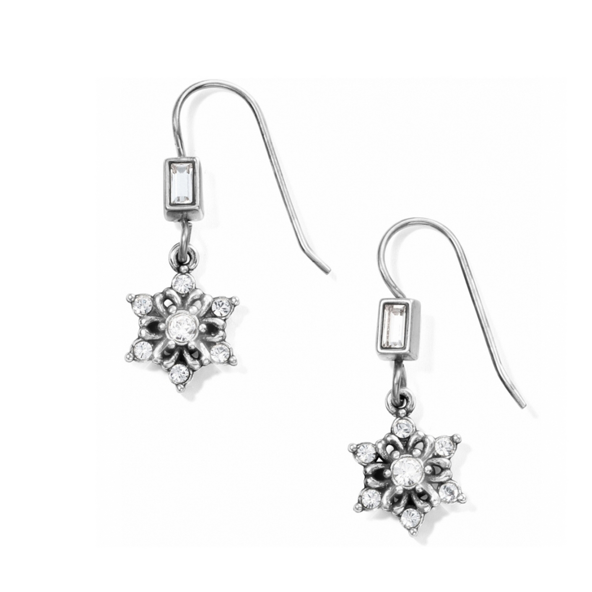 Arctica silver-plated French wire earrings with snowflake-shaped crystal drops.
