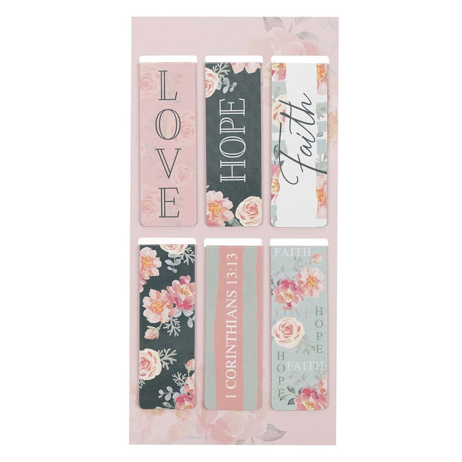 Set of vintage-style rectangular magnetic bookmarks featuring the words Faith Hope Love in a classic serif font on a neutral background.