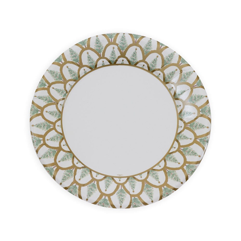 Pack of eight white paper dinner plates with a porcelain-style rim detail.