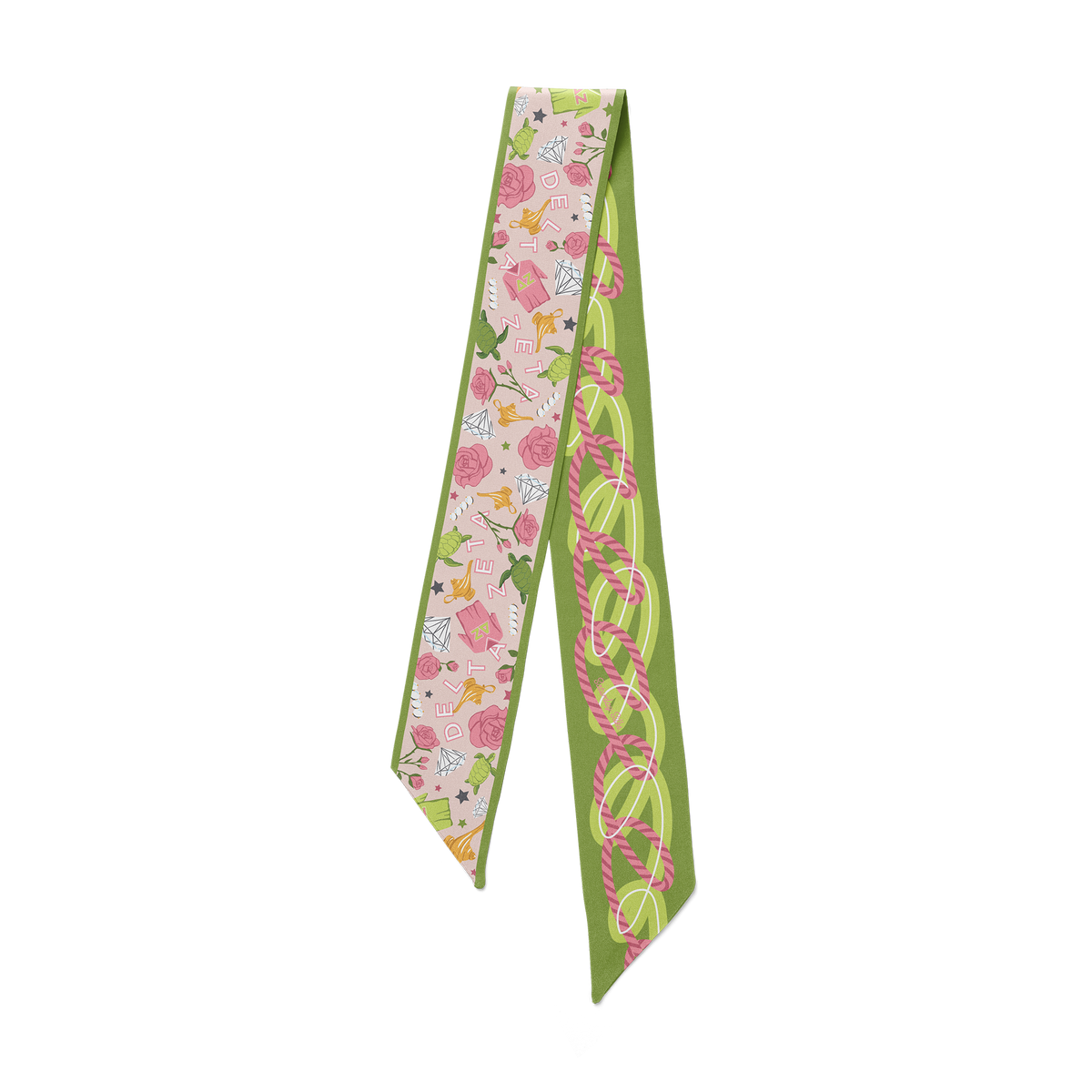 Green and pink skinny silk scarf with Delta Zeta motifs including roses, turtles, and diamonds.