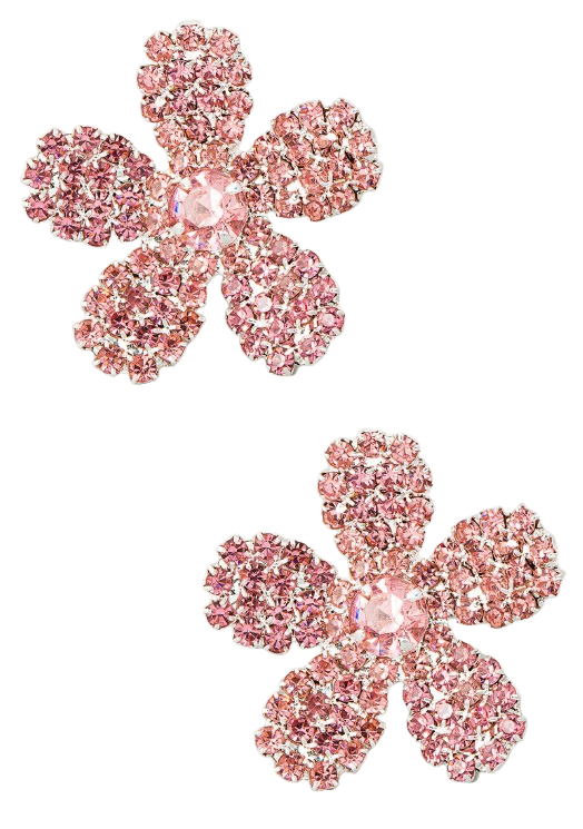 Pair of pink 5-petal flower earrings covered in sparkling rhinestones.