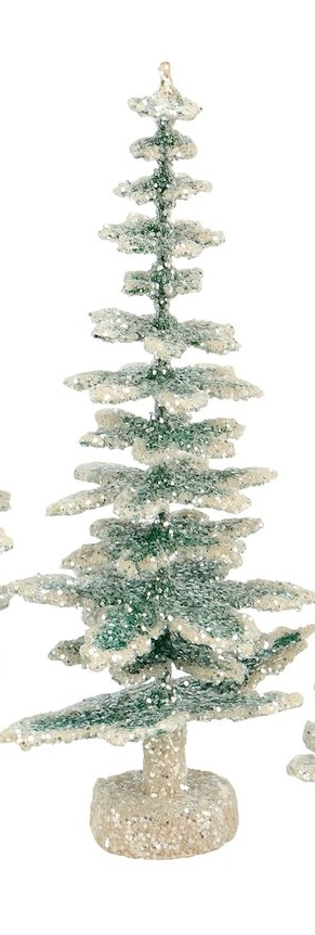 Evergreen tree made of paper, mica, and glitter with a green silhouette.
