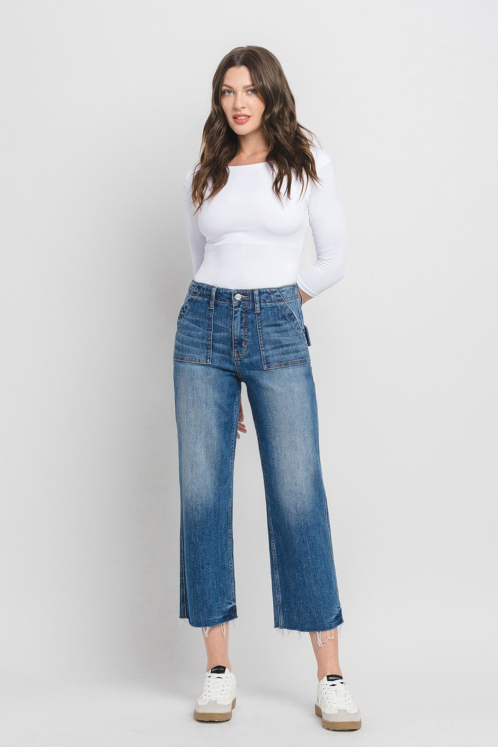 Avery High Rise Crop Utility Straight Jeans in dark wash denim with five-pocket styling and button fly.