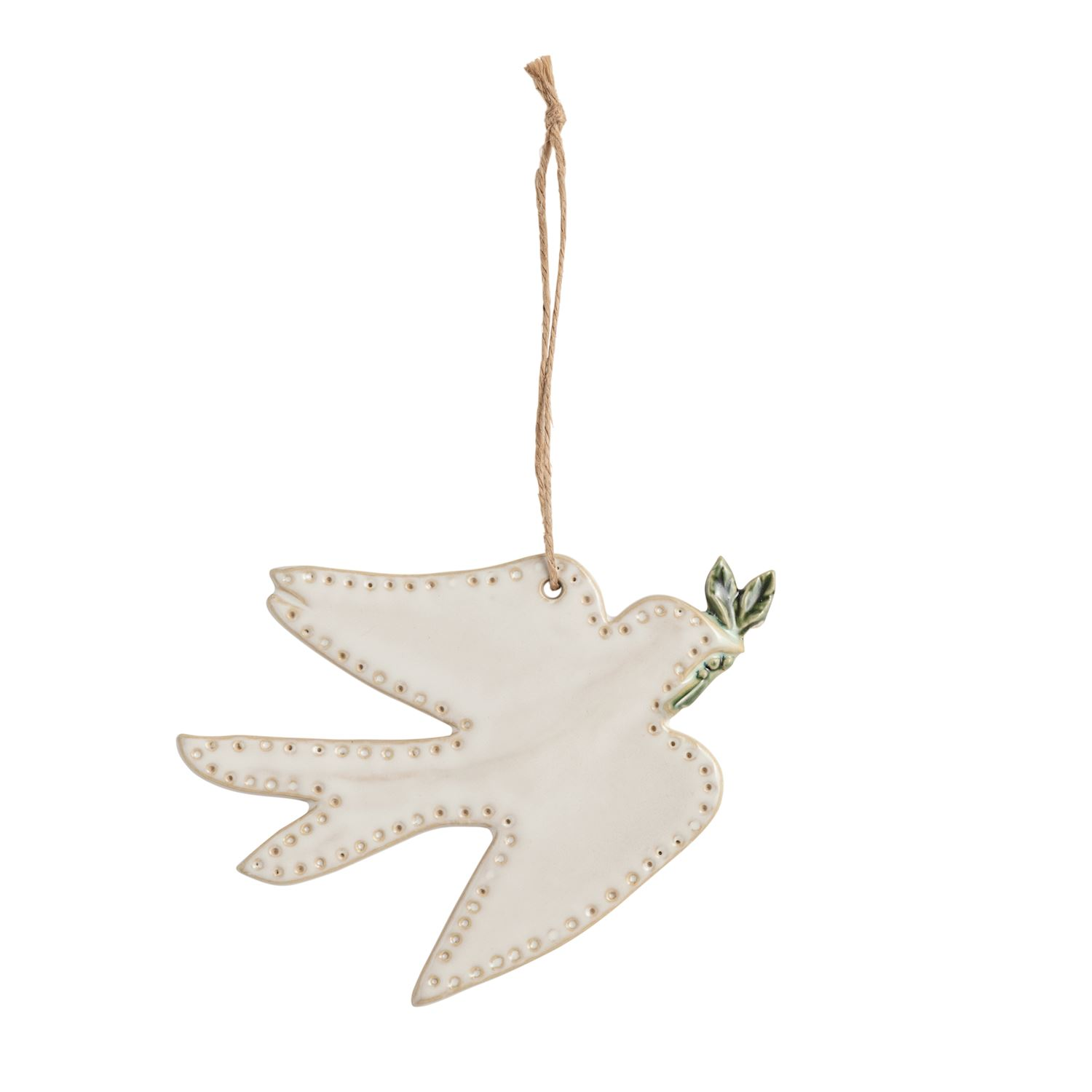 White ceramic turtle dove ornament with an olive branch and twine hanging loop.