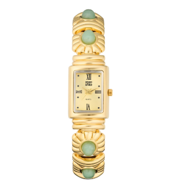 Ladies watch with a gold rectangle dial and a gold-tone band featuring green stone accents.