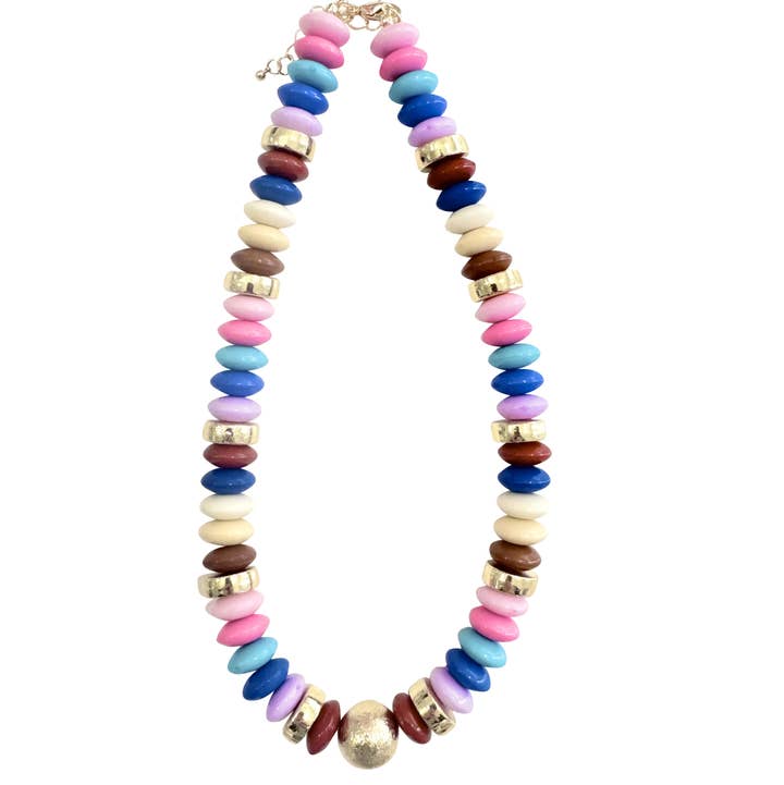 Tobie Beaded Disc Necklace featuring colorful stone discs and 18k gold-plated accent beads.
