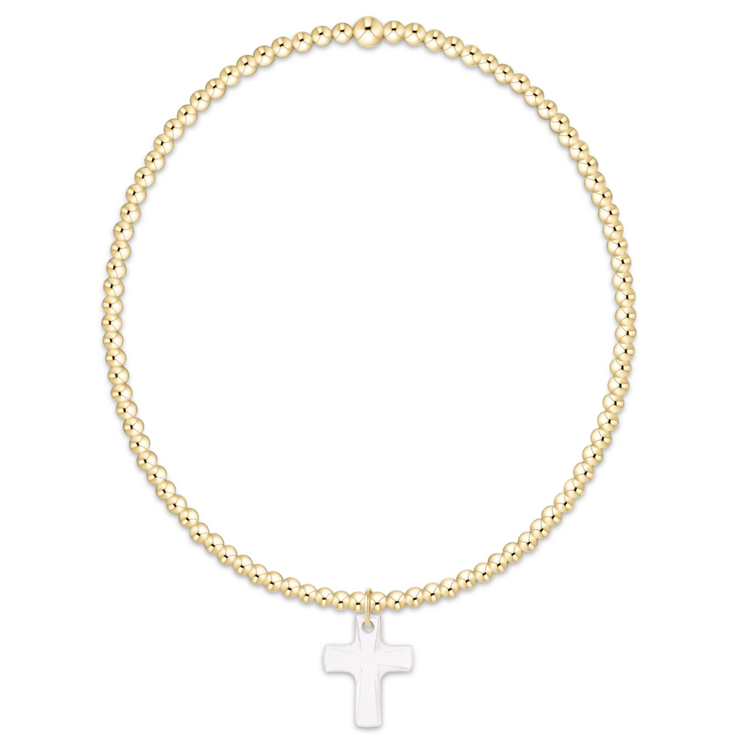 Classic 2mm gold-filled bead bracelet with a white crystal cross charm.
