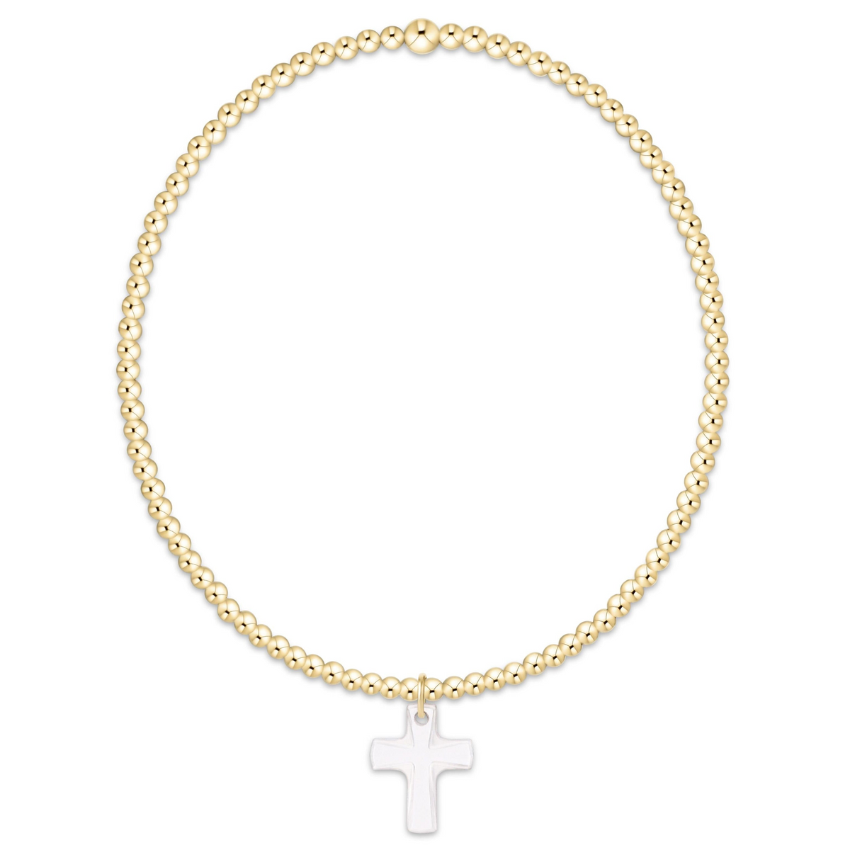 Classic 2mm gold-filled bead bracelet with a white crystal cross charm.