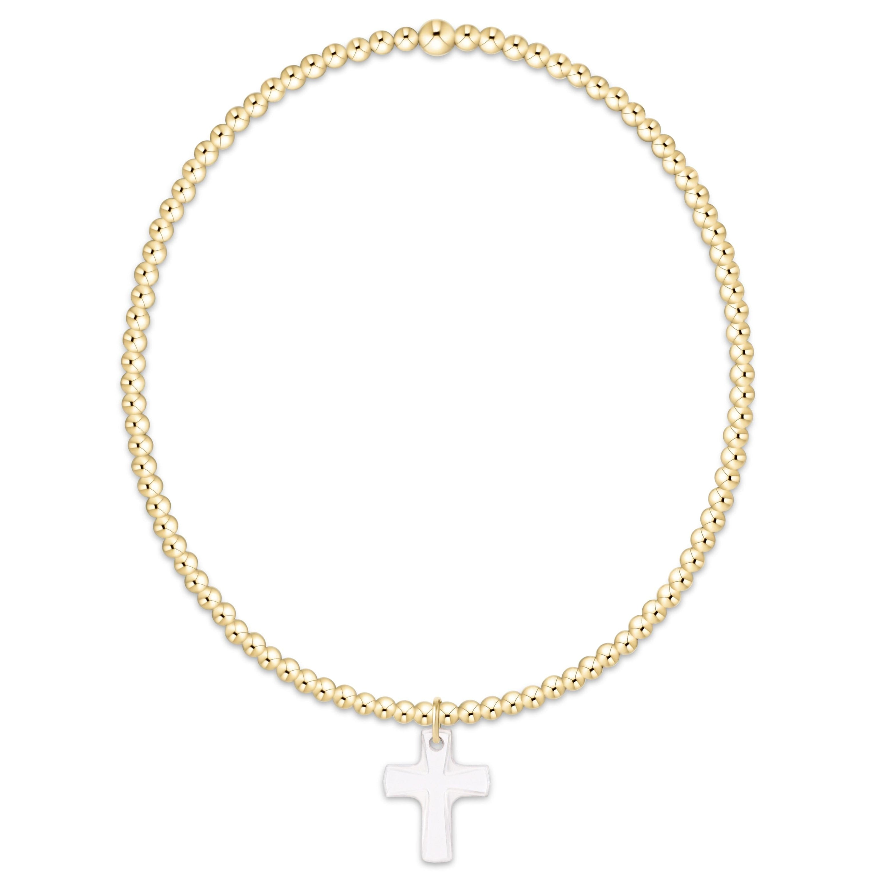 Classic 2mm gold-filled bead bracelet with a white crystal cross charm.