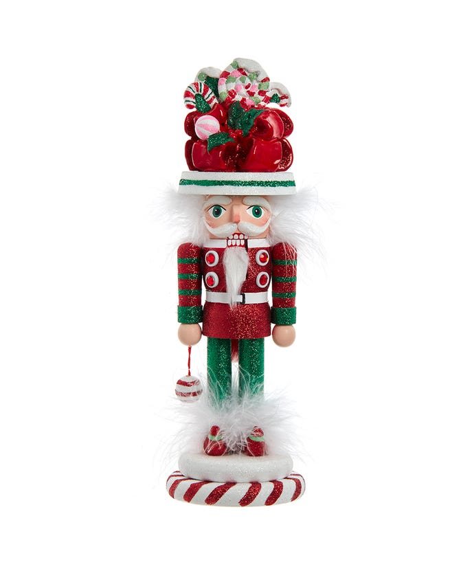 12-inch Hollywood Candy Soldier Nutcracker in a red, white, and green glittered candy-themed outfit.