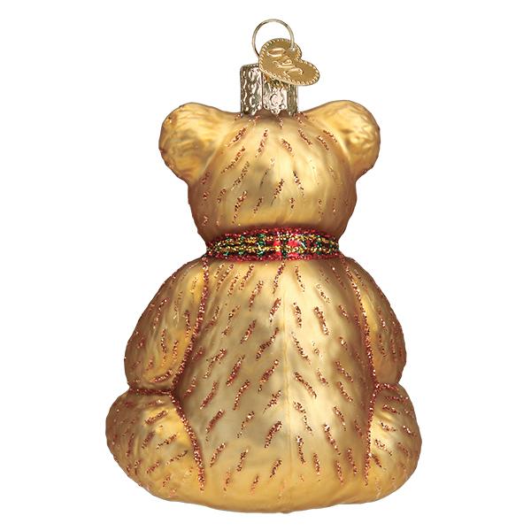 Back view of a gold glass teddy bear ornament with red glitter fur details and a plaid collar.