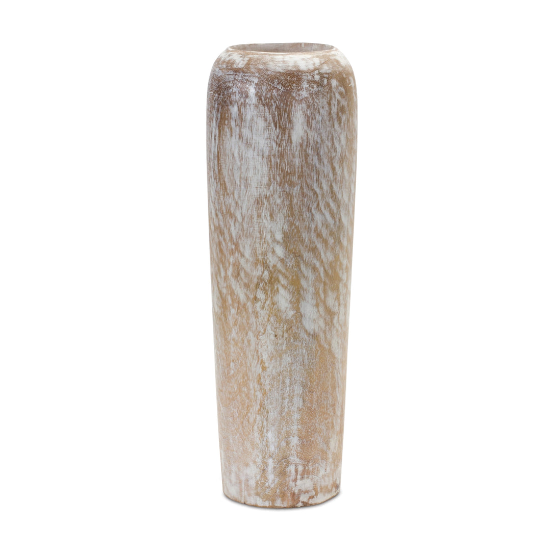 Wood vase with a natural grain finish in an organic cylindrical shape.