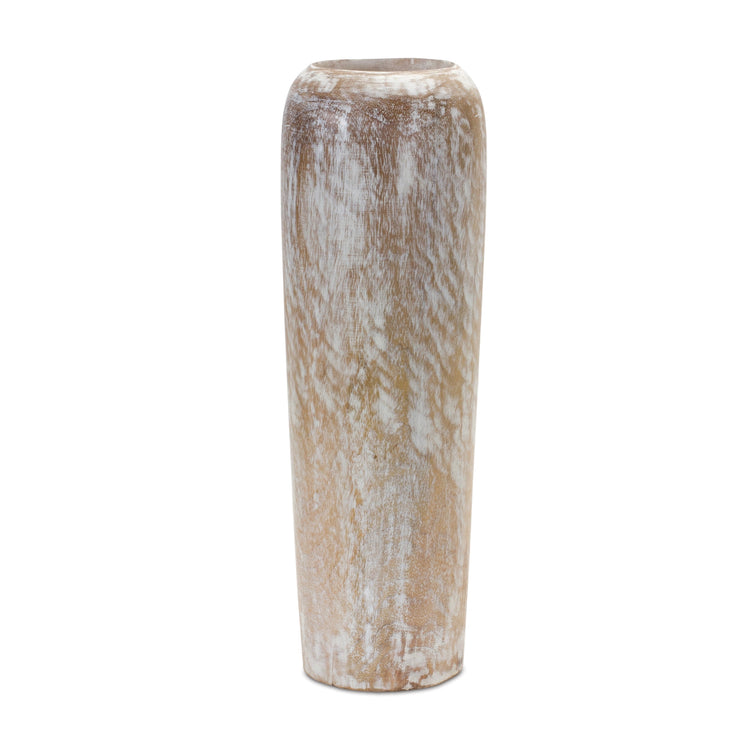Wood vase with a natural grain finish in an organic cylindrical shape.