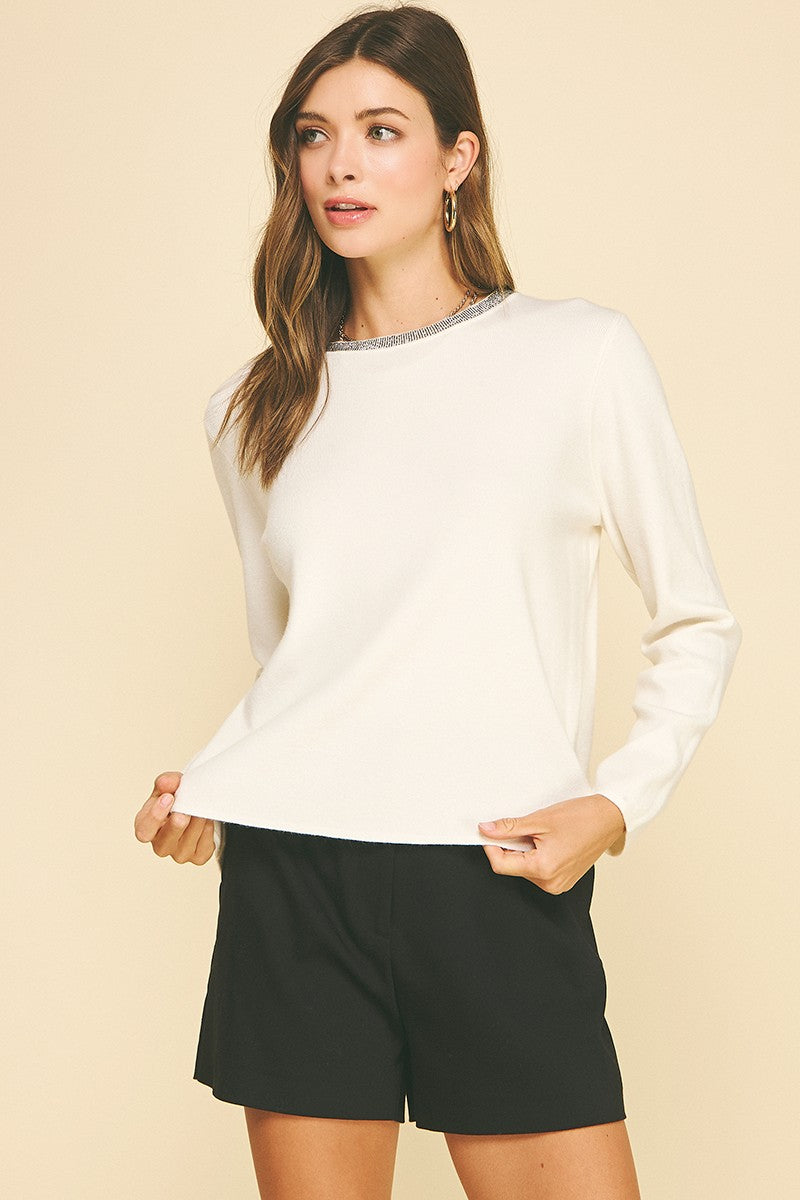 Ivy Jewel detailed neck knit sweater in soft neutral tone with long sleeves