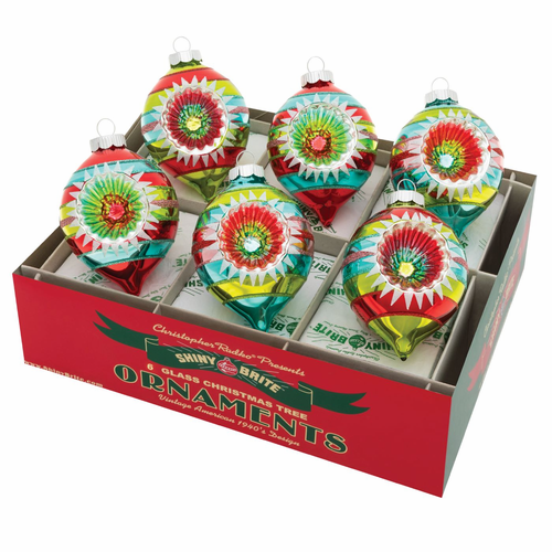 Box of six 3.25 inch glass reflector tulip ornaments with red, green, and blue vintage designs.