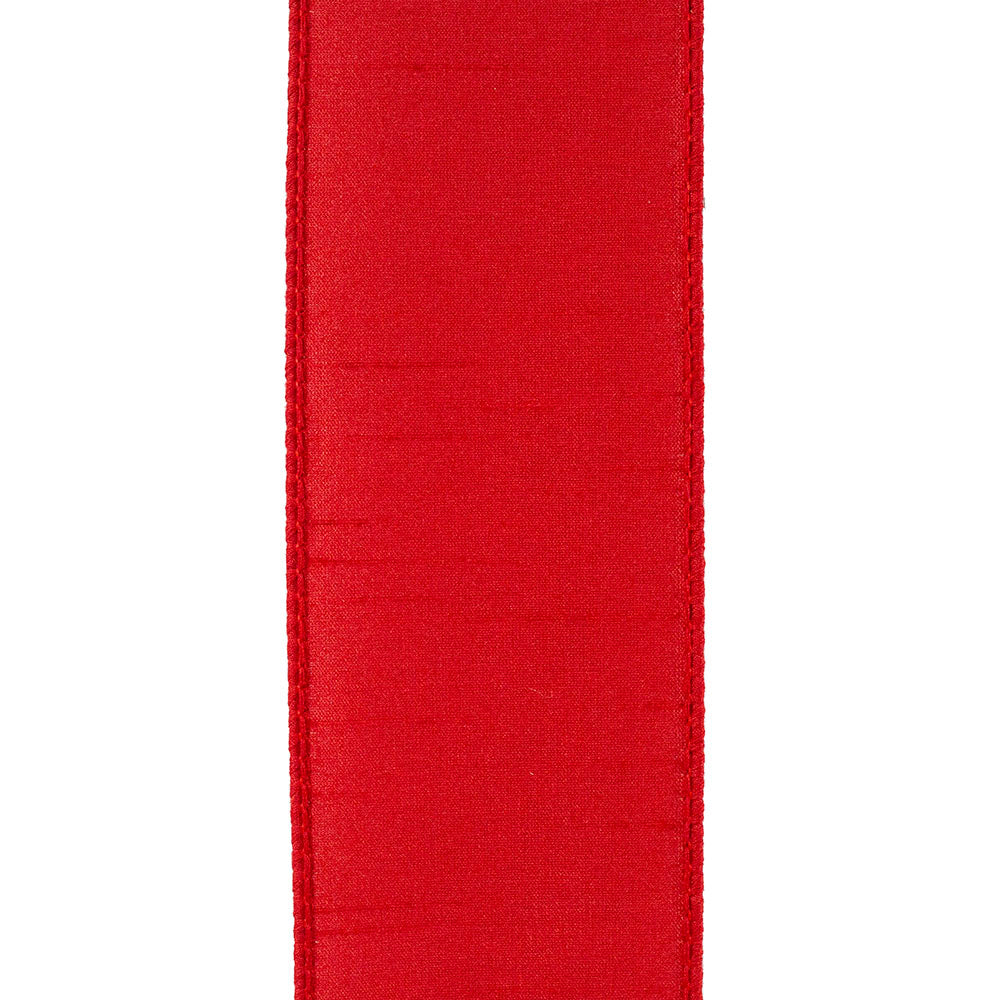 Close-up of 2-1/2 inch red Dupioni Supreme wired edge ribbon with a textured silk-like finish.
