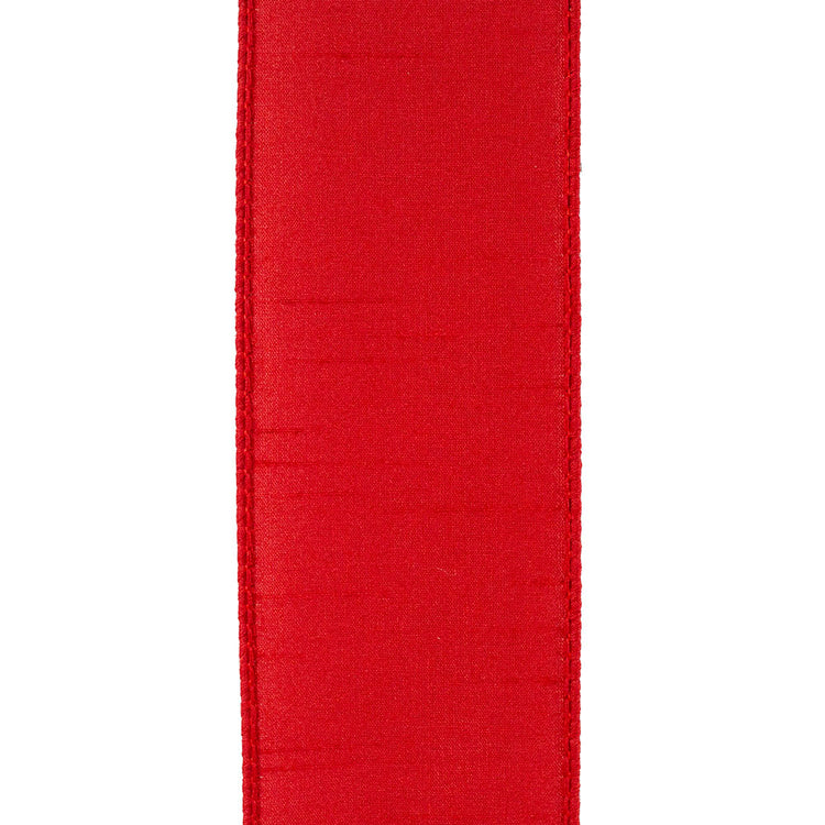 Close-up of 2-1/2 inch red Dupioni Supreme wired edge ribbon with a textured silk-like finish.