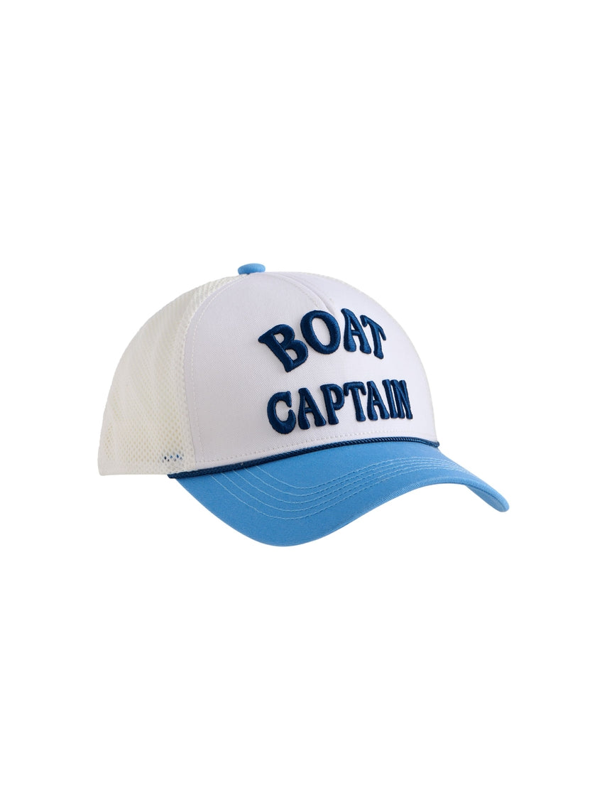 White and blue trucker hat with 'BOAT CAPTAIN' embroidered in navy blue on the front.