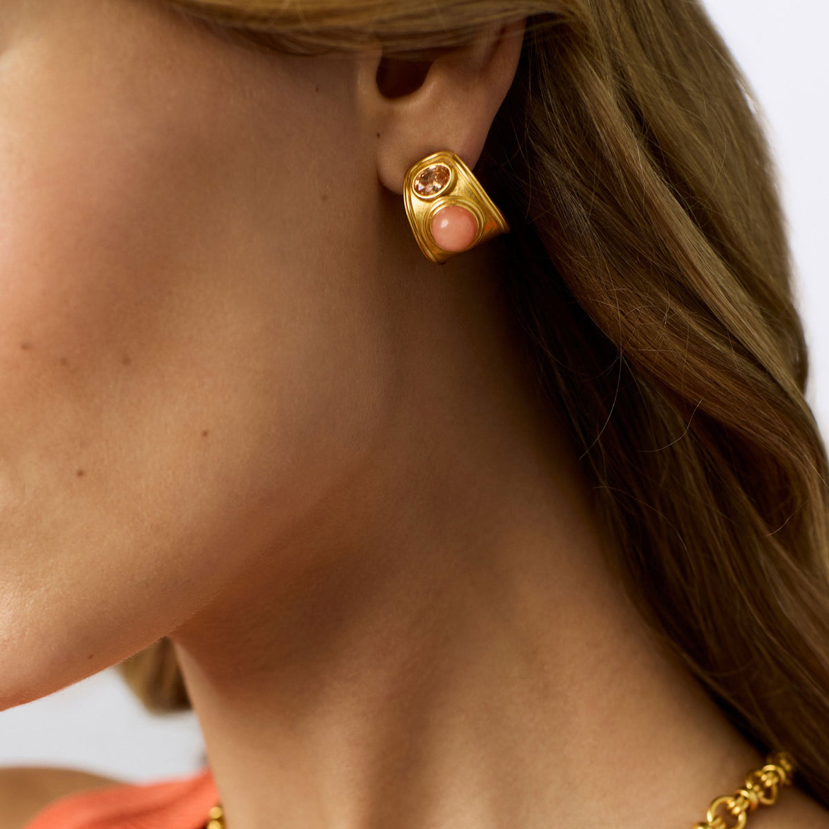 Portofino Stone Hoop earrings featuring a jade stone set in imported glass with 24K gold plating.