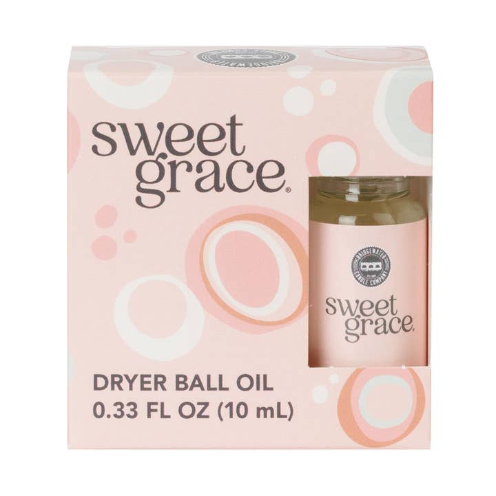 Sweet Grace Dryer Ball Oil in a 0.33 fl oz (10 mL) bottle inside a pink decorative box.