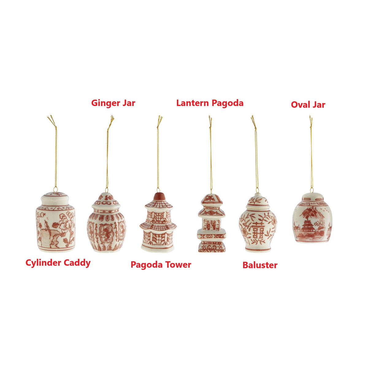 Six assorted hand-painted burgundy and white stoneware ginger jar and pagoda ornaments.