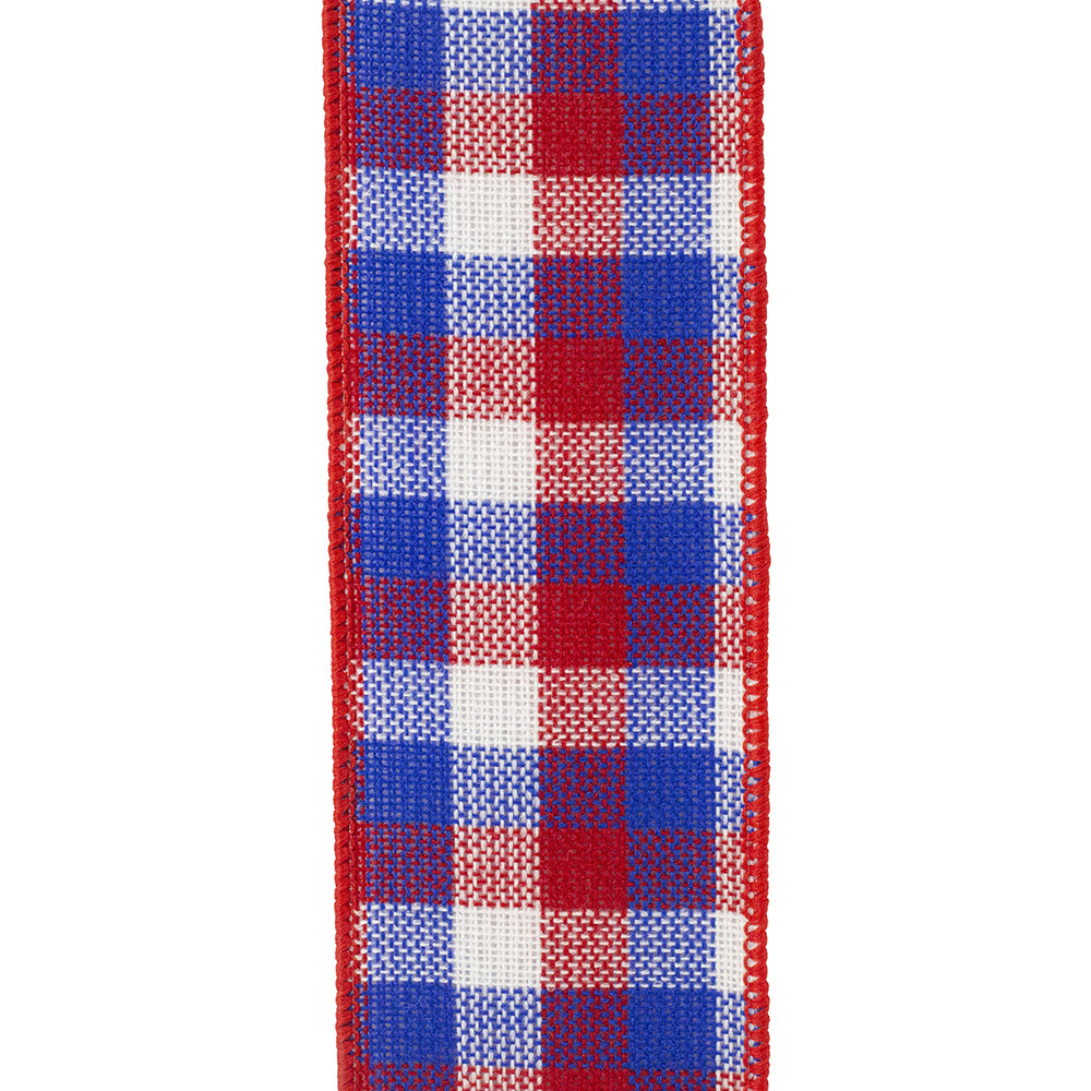 Patriotic Comfort Check wired-edge fabric roll featuring a red, white, and blue checkered pattern.