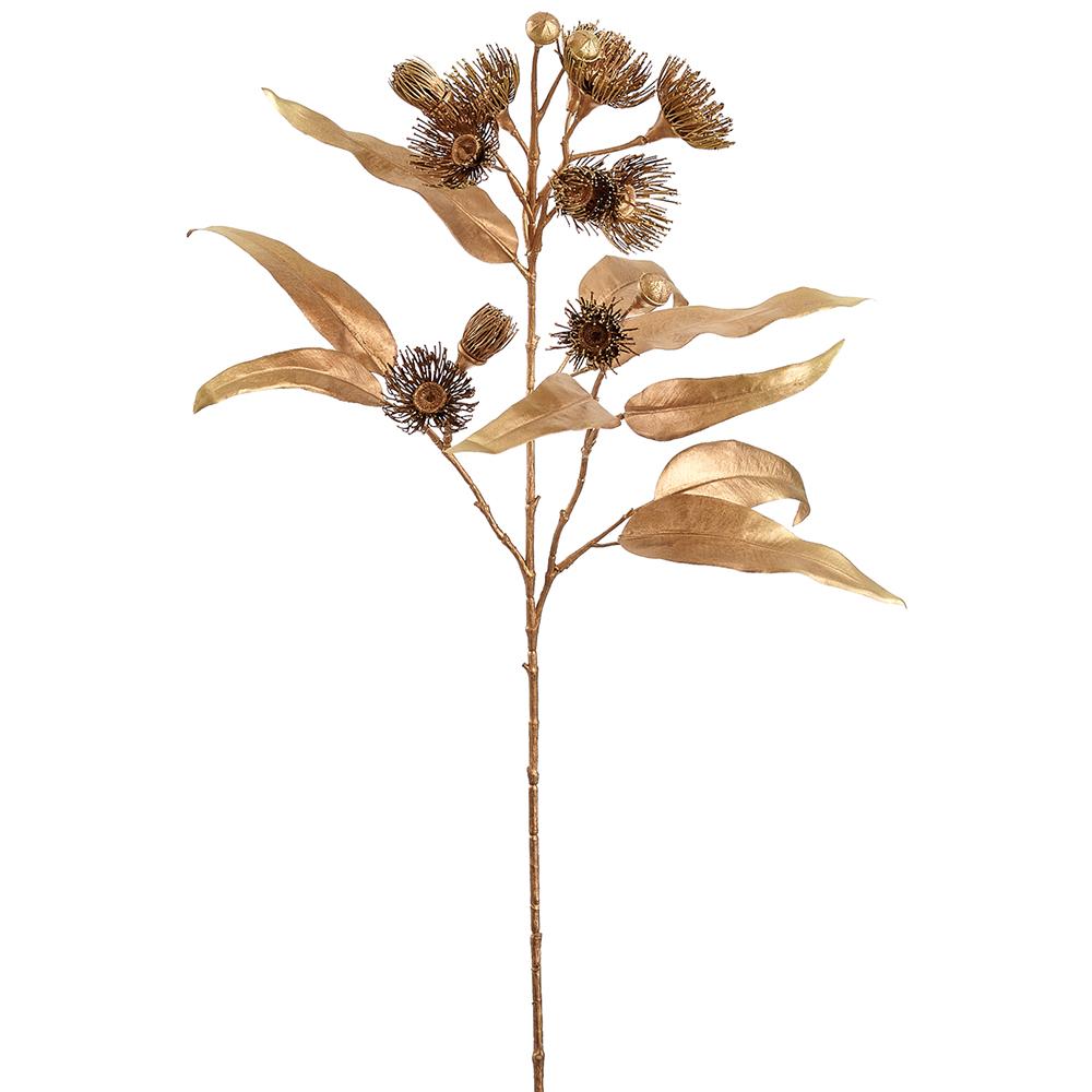 30-inch metallic blooming eucalyptus leaf spray in a copper finish with textured pods.