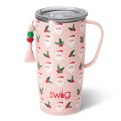 Silver stainless steel travel mug with a black silicone base and removable lid slider.