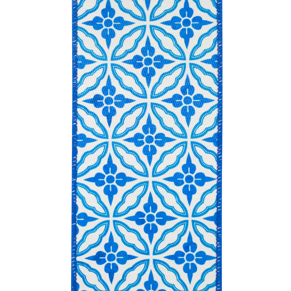 4 inch wide porcelain blue and white chinoiserie floral pattern wired edge ribbon.