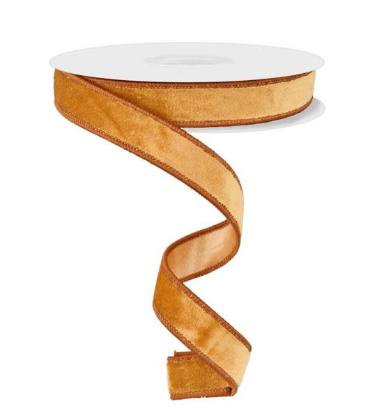 7/8 inch by 10 yard antique gold deluxe velvet ribbon with satin backing on a white spool.