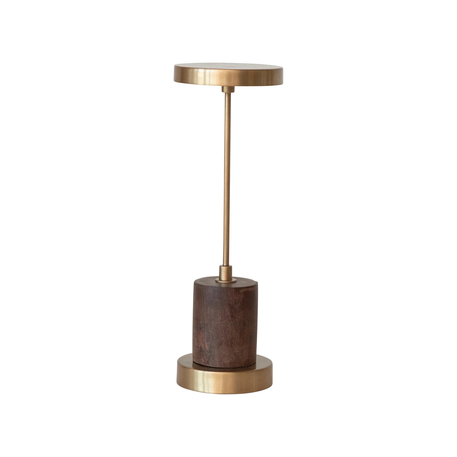 Antique brass metal table lamp with mango wood accents and touch sensor switch