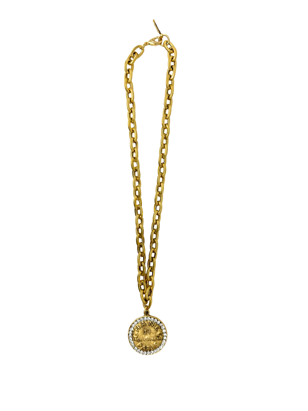 18-inch gold chain necklace featuring a round coin pendant with crystal border and text.