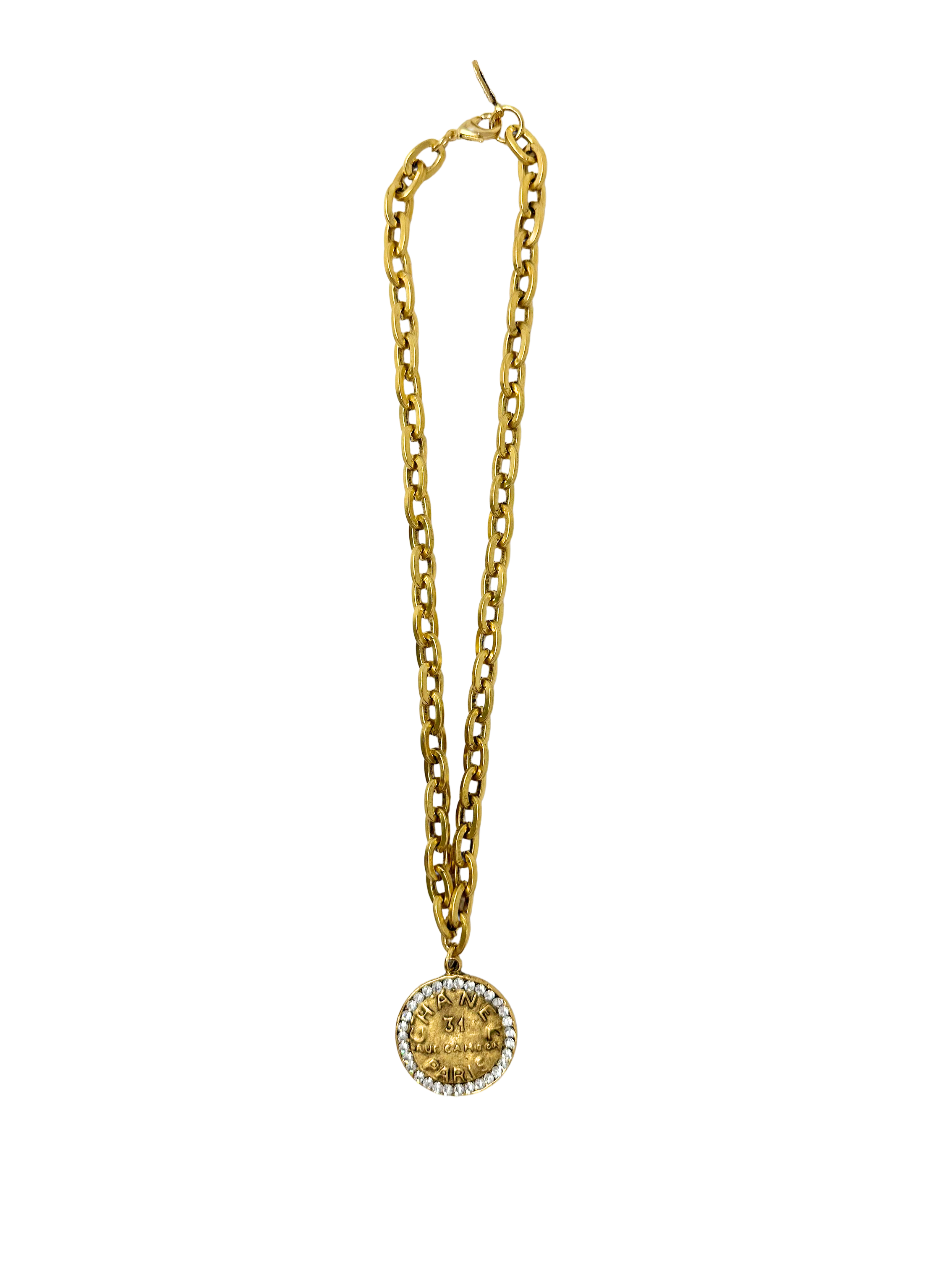 18-inch gold chain necklace featuring a round coin pendant with crystal border and text.