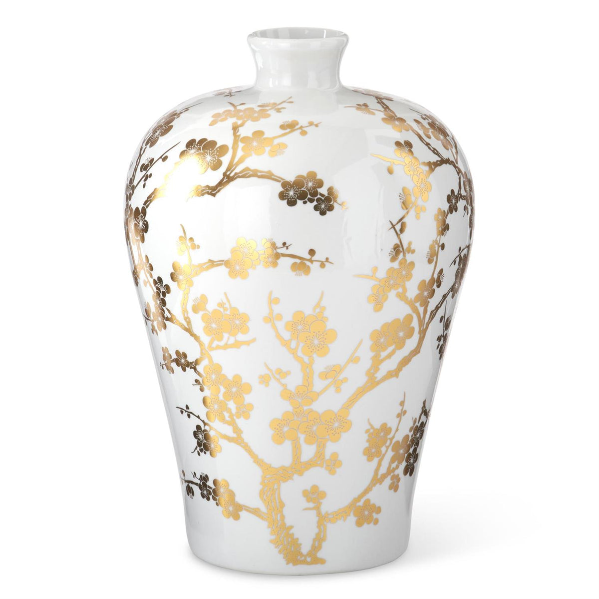 15-inch white ceramic vase with gold chinoiserie cherry blossom branch pattern.