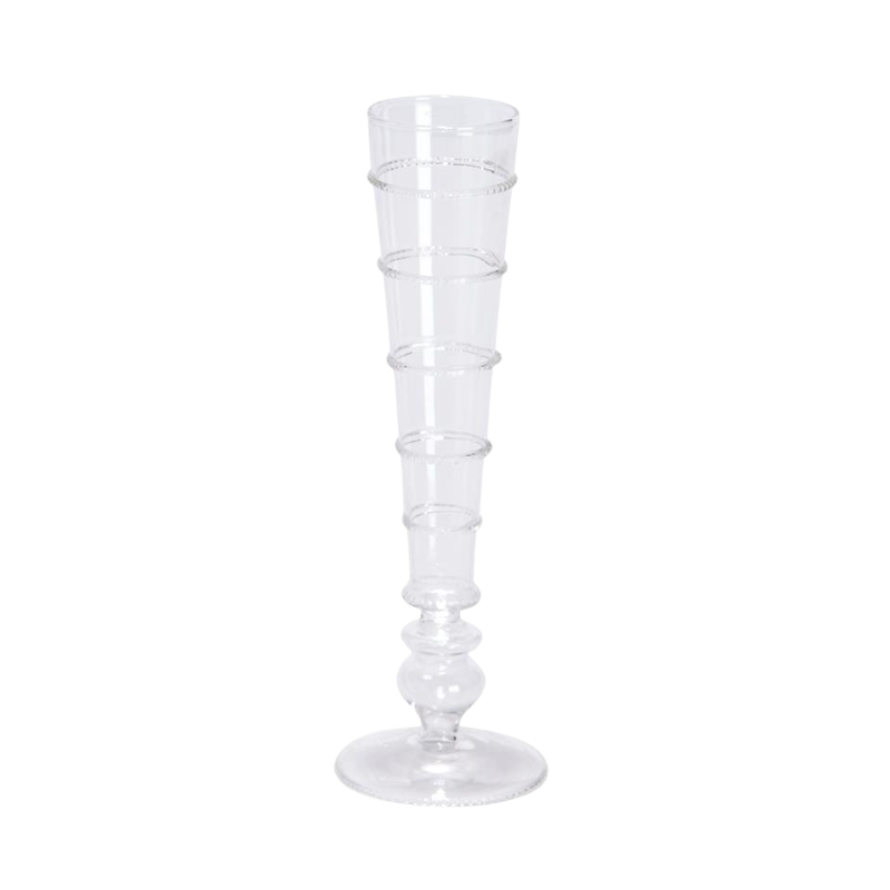 Hand-blown glass champagne flute with a tapered body and horizontal beaded ring details.
