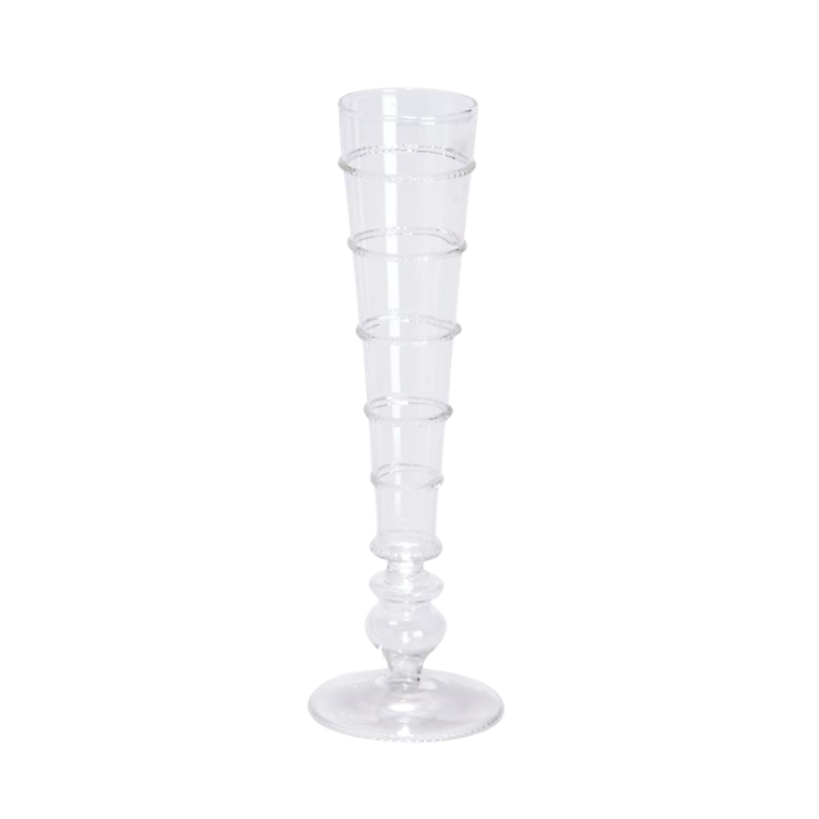 Hand-blown glass champagne flute with a tapered body and horizontal beaded ring details.
