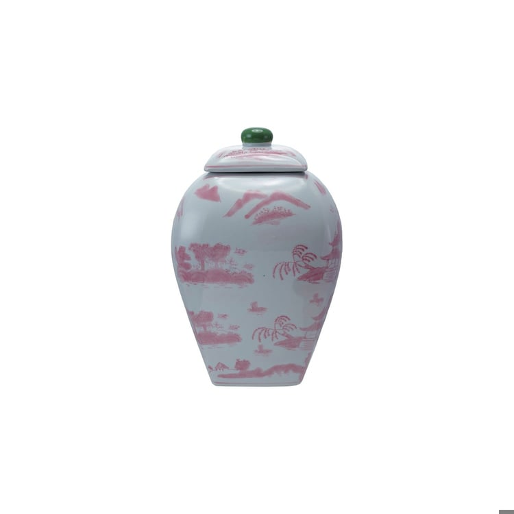 12-1/4 inch high stoneware ginger jar with pink landscape design and a green lid knob.