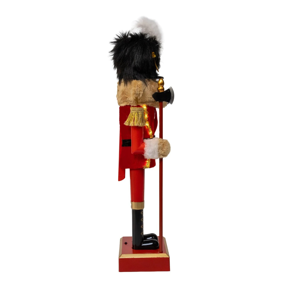 Side view of a 15-inch lighted musical bear nutcracker in a red uniform holding a black axe.