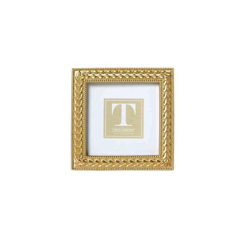 Square gold photo frame with an intricate laurel wreath design and beaded edges.
