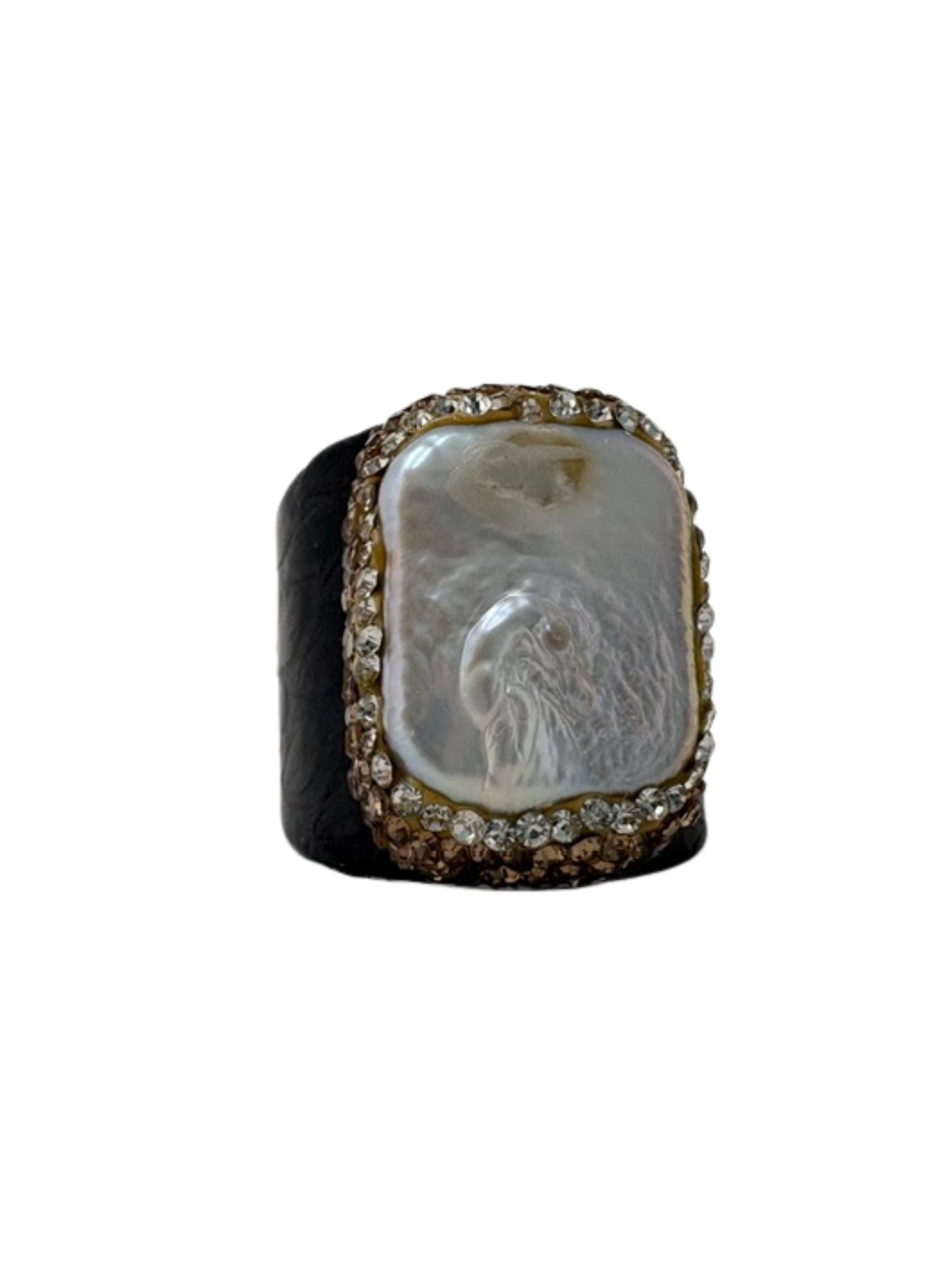 Queen of Sheba fashion ring featuring a large baroque pearl center surrounded by crystals.