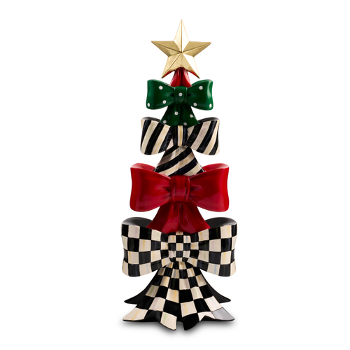 Holiday Stacked Bow Tree with a gold star, green polka dot, striped, red, and checkered bows.