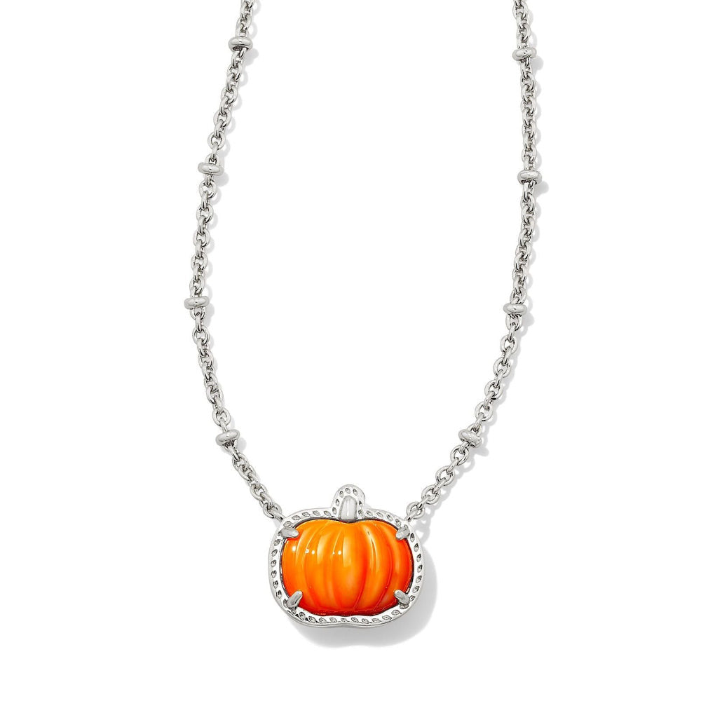 Silver chain necklace with an orange Mother-of-Pearl pumpkin pendant in a prong setting.
