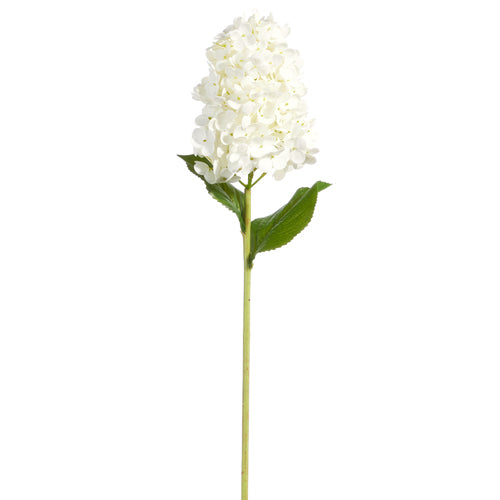 Artificial hydrangea flower stem with polyester foam bloom measuring 29 inches tall.